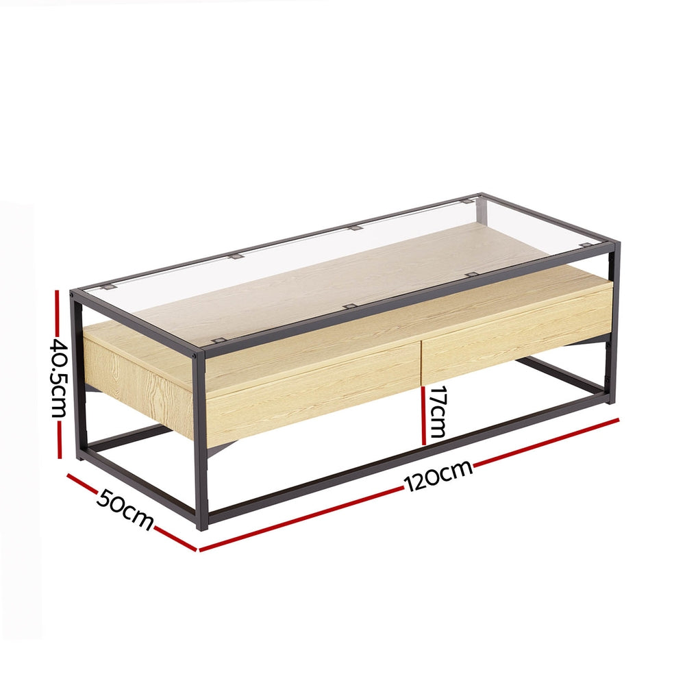 Coffee Table 2 Drawers Glass Tabletop Pine Fast shipping On sale