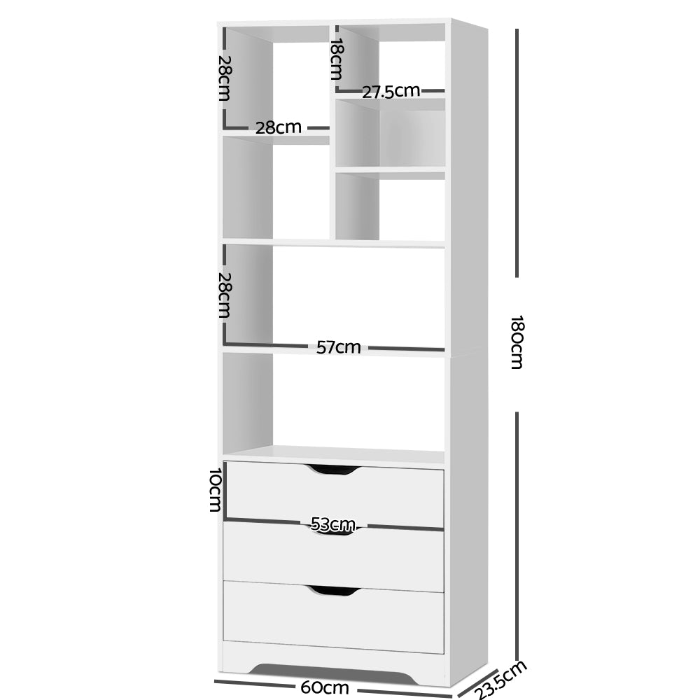 Modern Wooden Bookcase Display Shelf Storage Cabinet W/ 3-Drawers - White