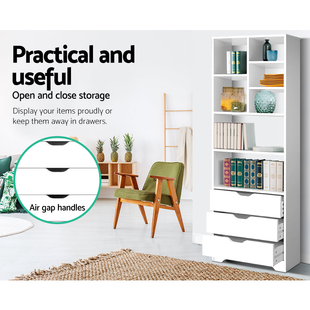 Modern Wooden Bookcase Display Shelf Storage Cabinet W/ 3-Drawers - White