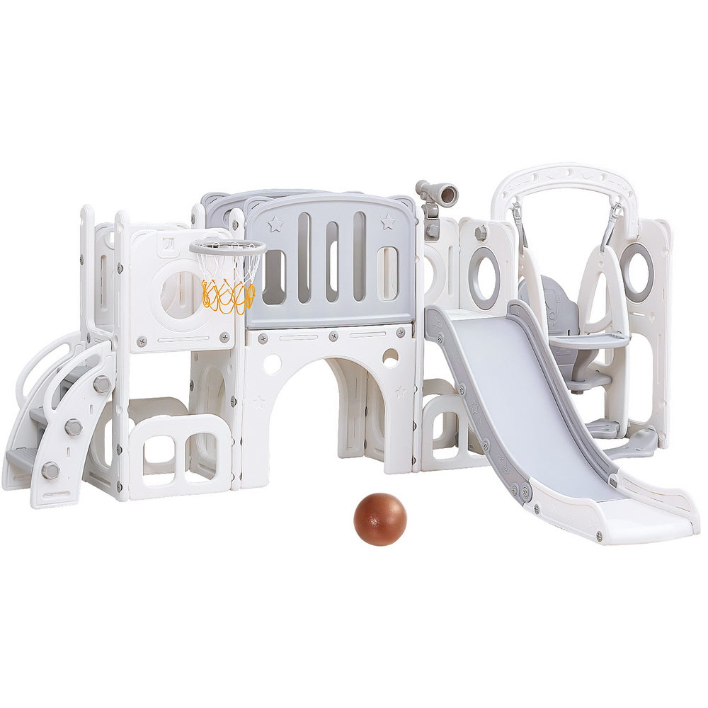 Kids Slide Swing Set Basketball Hoop Ring Football Outdoor Toys 132cm grey