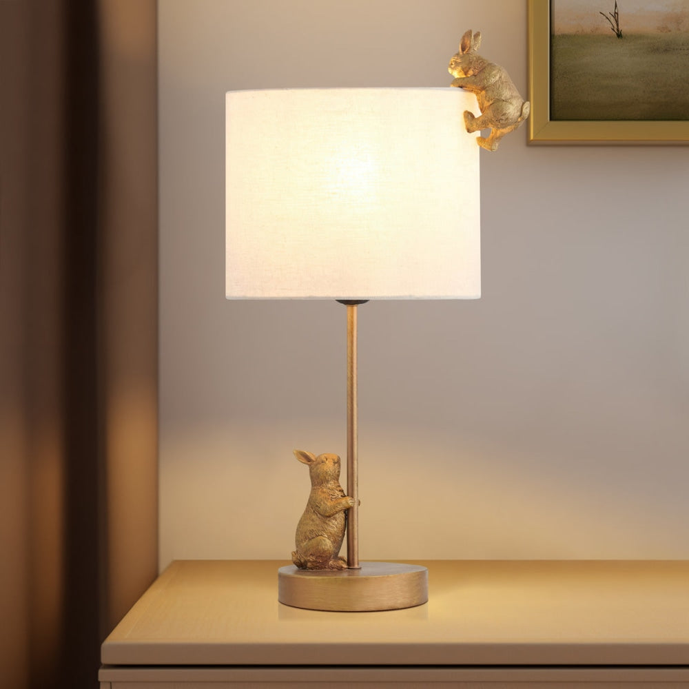 Everette Eclectic Accent Table Lamp Light with Two Rabbits Playing Fabric Shade - Gold and White Fast shipping On sale