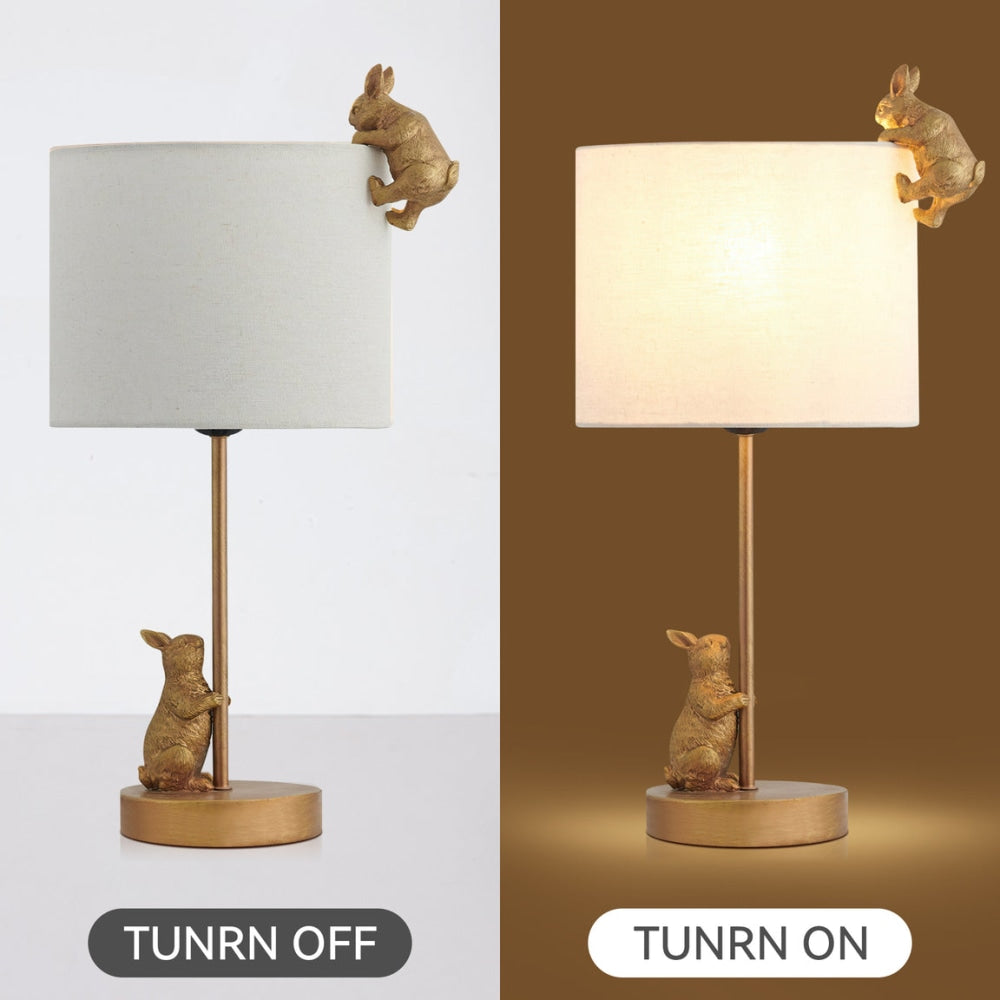 Everette Eclectic Accent Table Lamp Light with Two Rabbits Playing Fabric Shade - Gold and White Fast shipping On sale