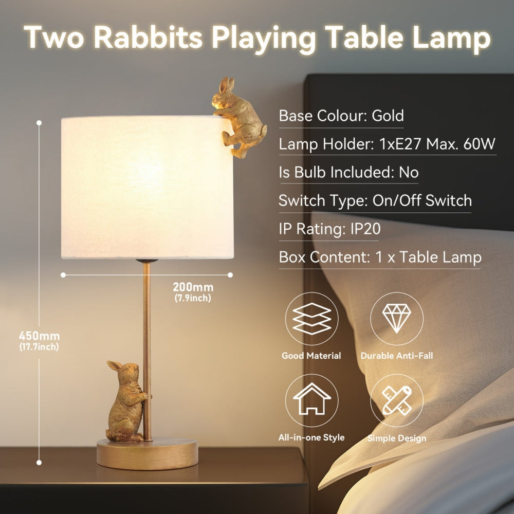 Everette Eclectic Accent Table Lamp Light with Two Rabbits Playing Fabric Shade - Gold and White Fast shipping On sale