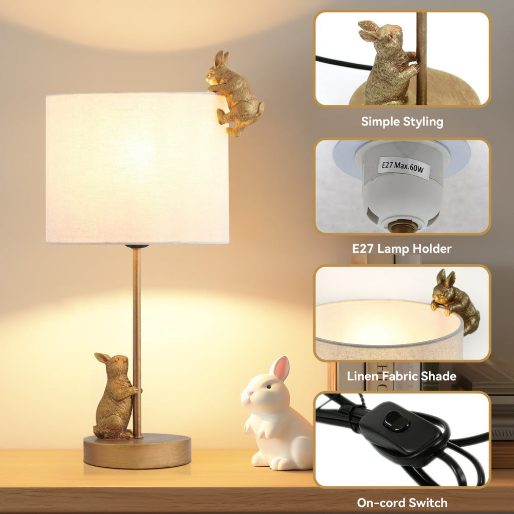 Everette Eclectic Accent Table Lamp Light with Two Rabbits Playing Fabric Shade - Gold and White Fast shipping On sale