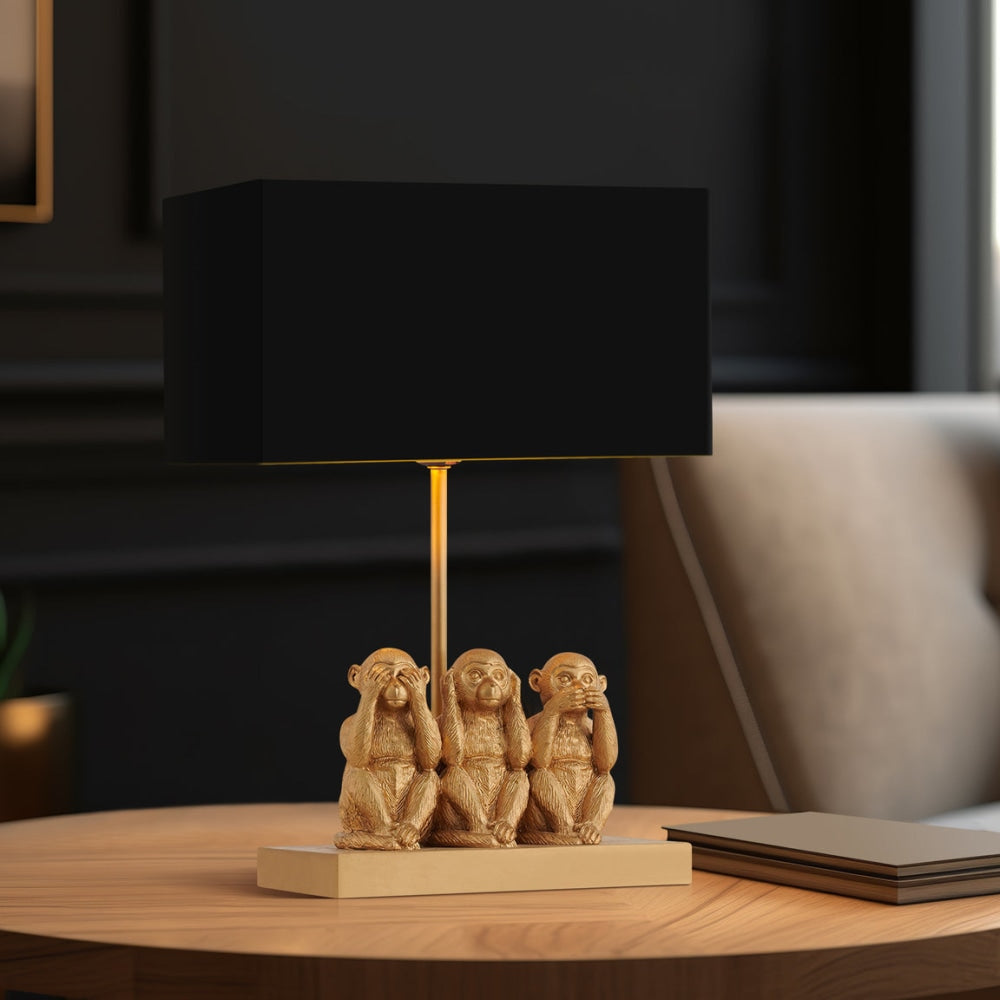 Everette Eclectic Accent Table Lamp Light with Three Wise Monkeys Fabric Shade - Gold and Black Fast shipping On sale