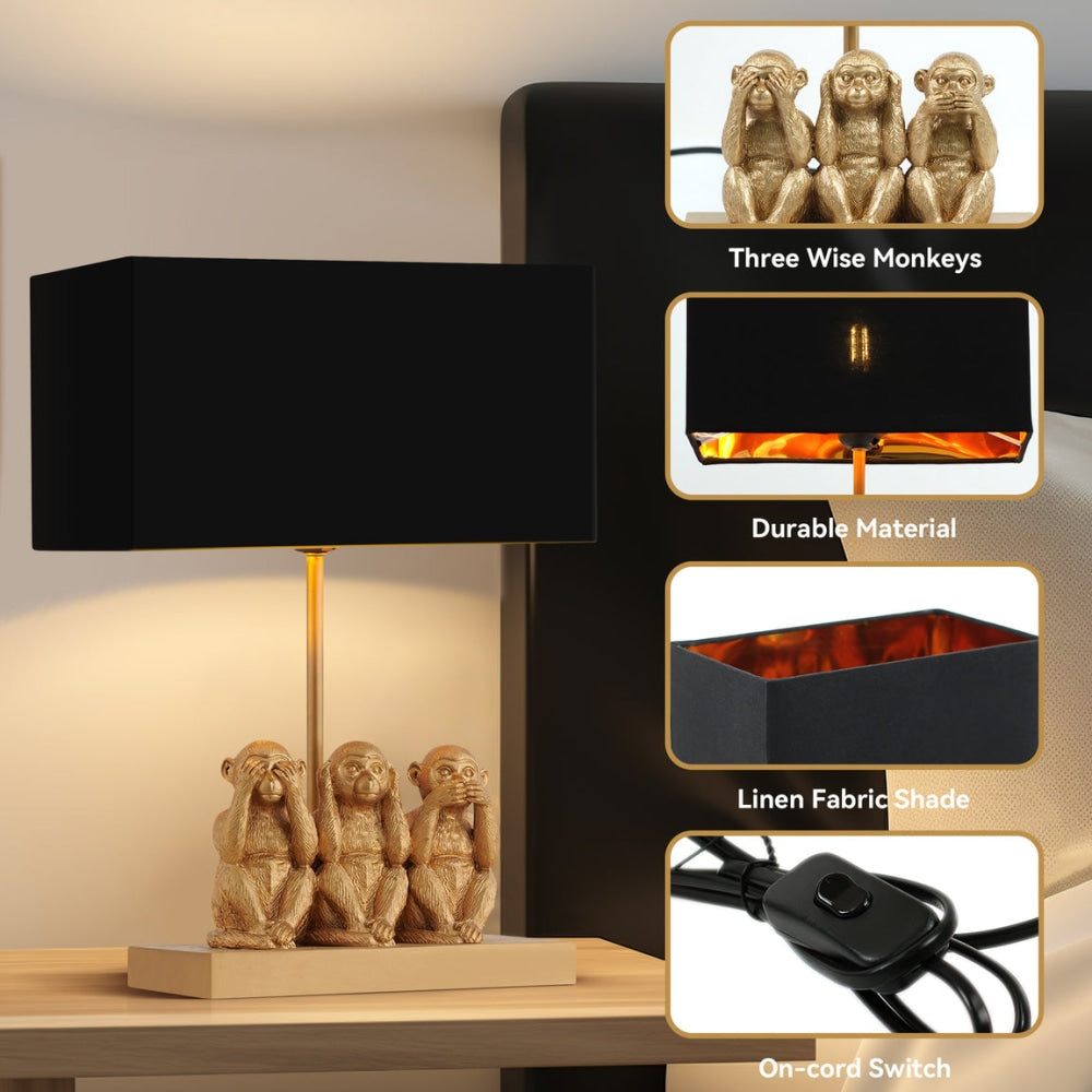 Everette Eclectic Accent Table Lamp Light with Three Wise Monkeys Fabric Shade - Gold and Black Fast shipping On sale