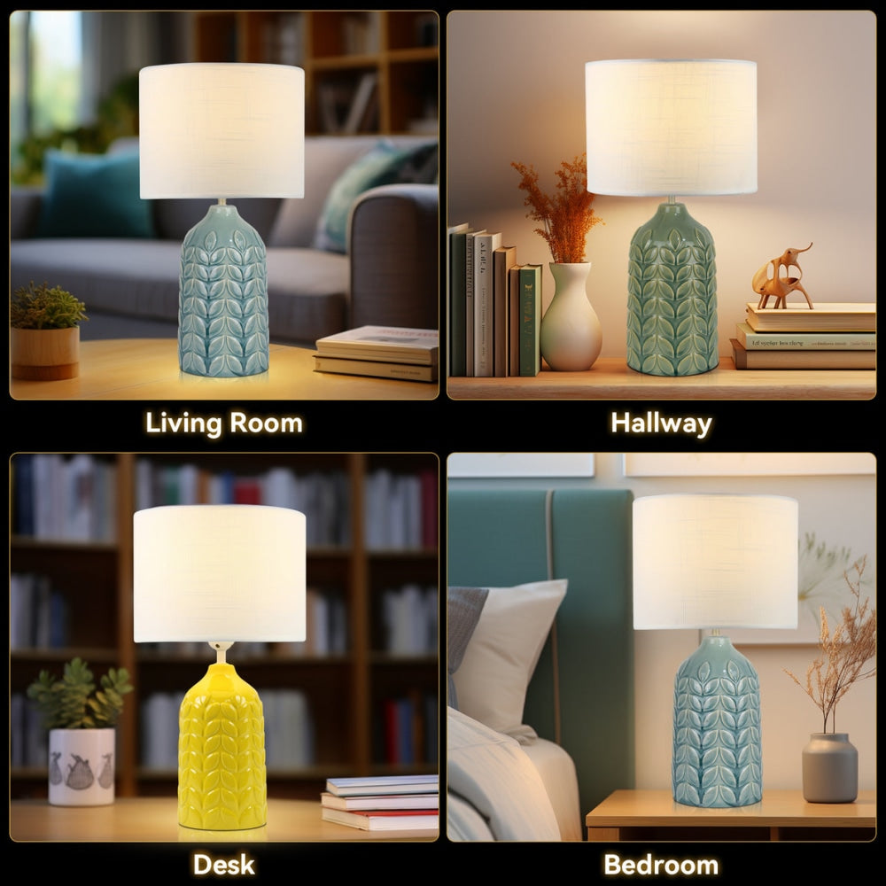 Benya Contemporary Patterned Ceramic Table Lamp Light Linen Drum Shade - Green Fast shipping On sale