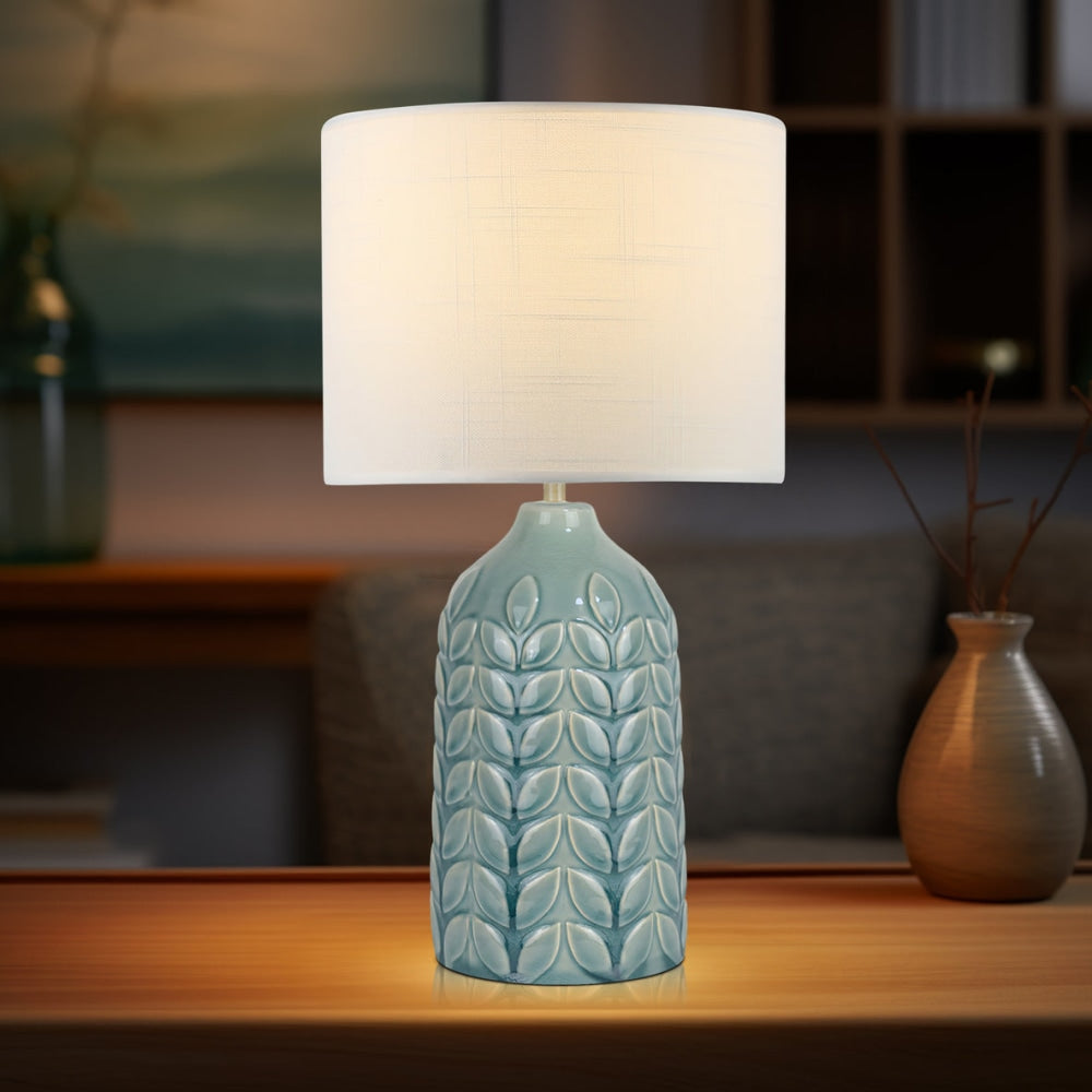 Benya Contemporary Patterned Ceramic Table Lamp Light Linen Drum Shade - Blue Fast shipping On sale