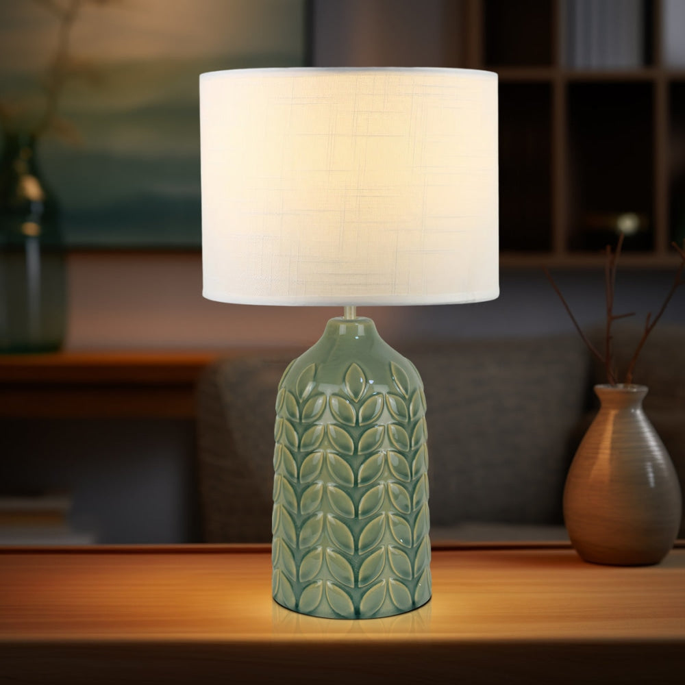 Benya Contemporary Patterned Ceramic Table Lamp Light Linen Drum Shade - Green Fast shipping On sale