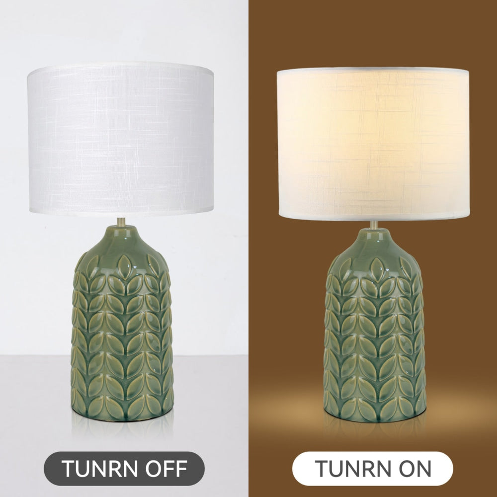 Benya Contemporary Patterned Ceramic Table Lamp Light Linen Drum Shade - Green Fast shipping On sale