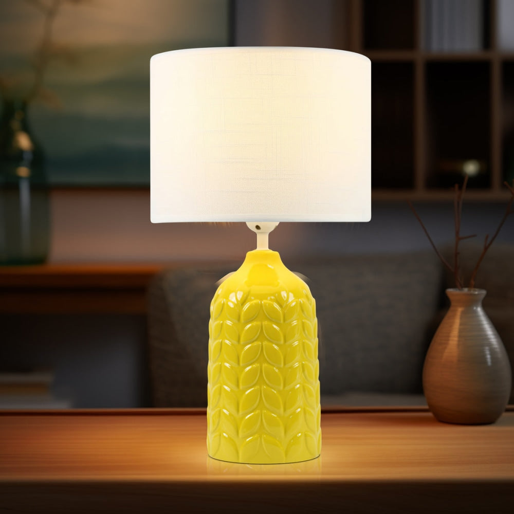 Benya Contemporary Patterned Ceramic Table Lamp Light Linen Drum Shade - Yellow Fast shipping On sale