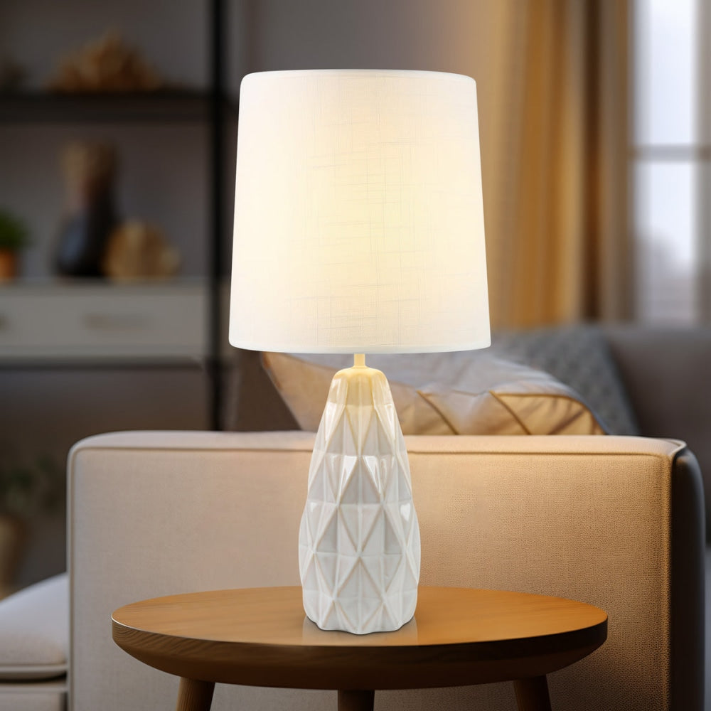 Belyse Modern Textured Ceramic Table Lamp Light Linen Drum Shade - White Fast shipping On sale