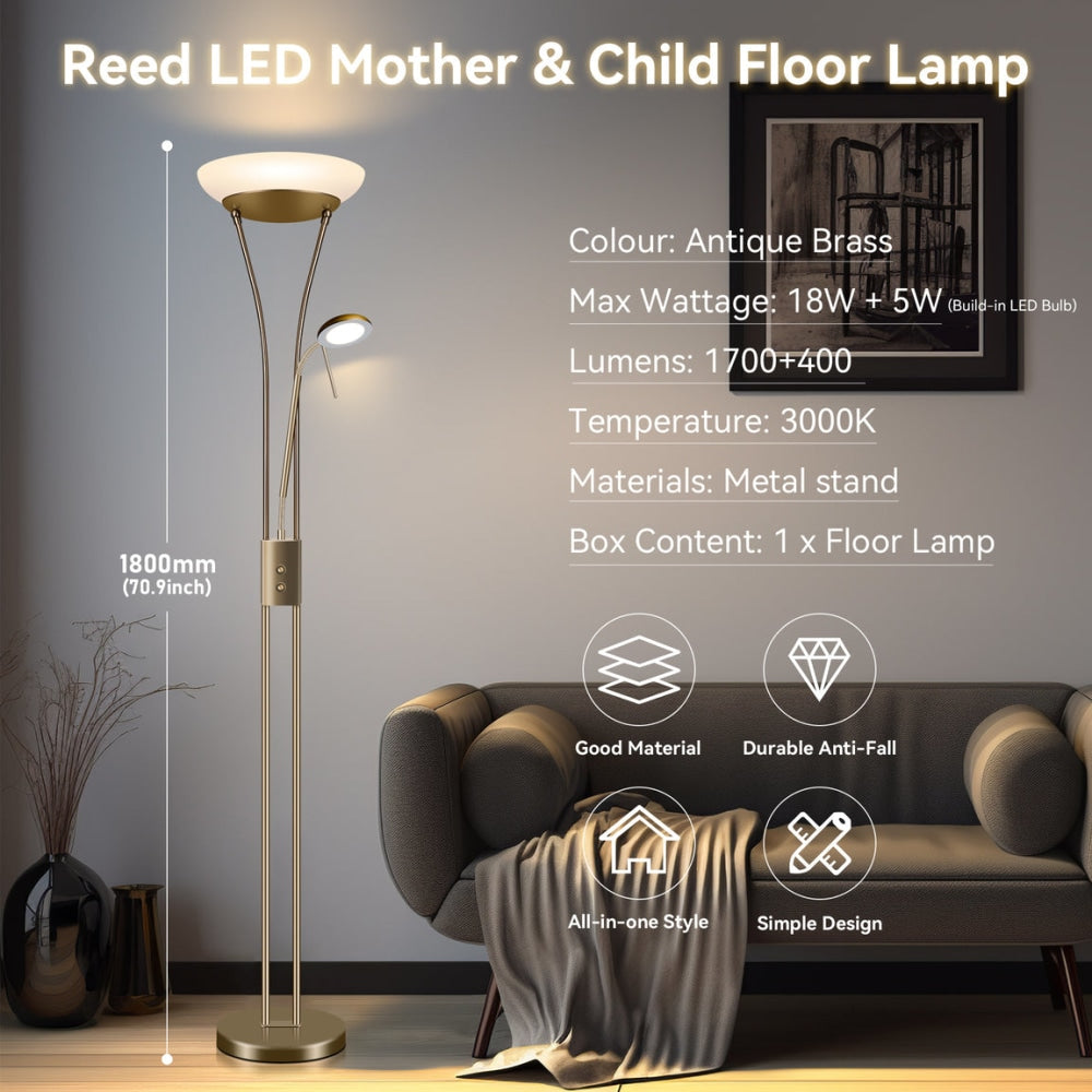 Fareeda Mother & Child LED Standing Floor Lamp Metal Base Glass Shade - Antique Brass Fast shipping On sale
