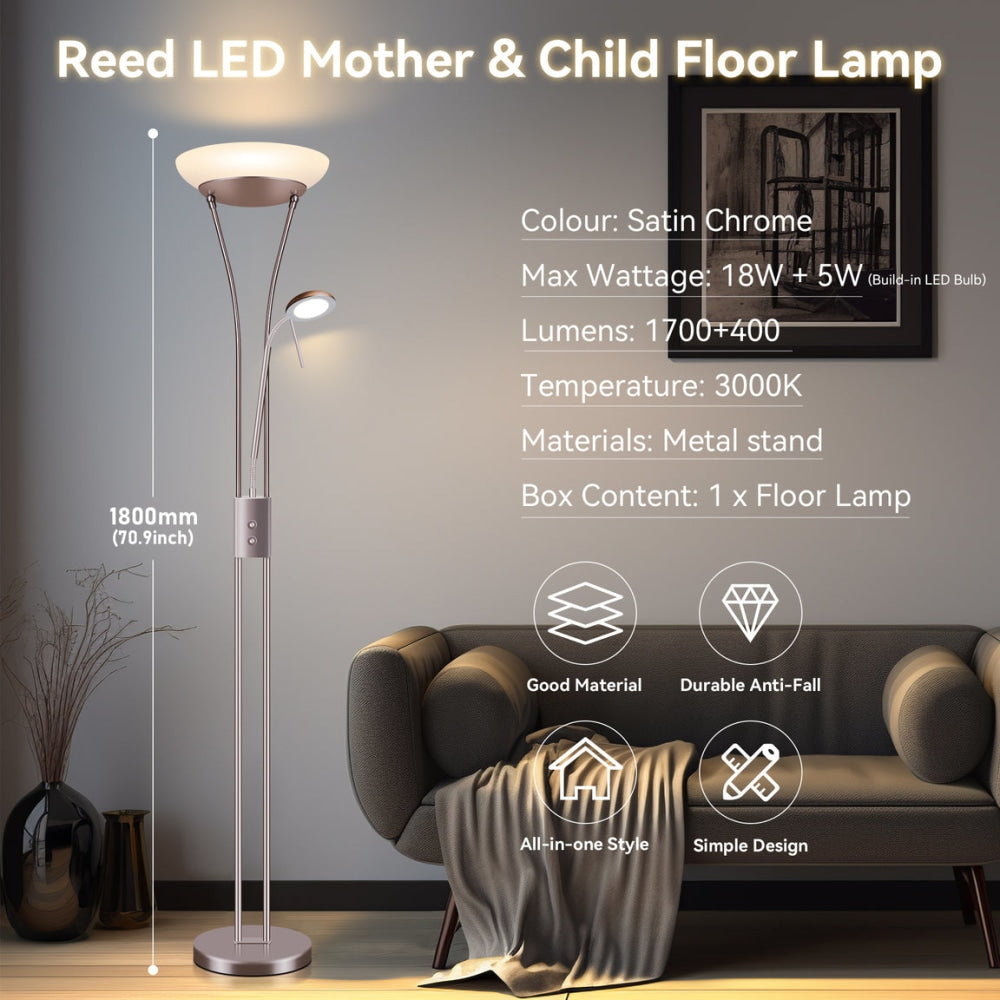 Fareeda Mother & Child LED Floor Lamp Standing Metal Base Glass Shade - Satin Chrome Fast shipping On sale