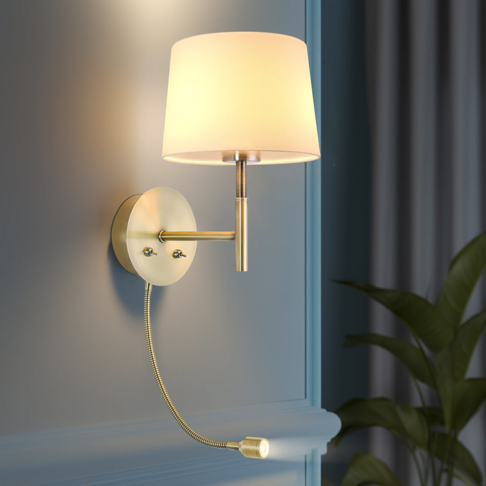 Corvell Slender Arm Wall Light Fabric Shade - Antique Brass Lamp Fast shipping On sale