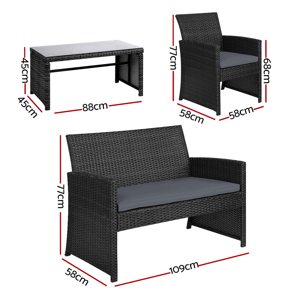 Set of 4 Outdoor Wicker Chairs & Table - Black