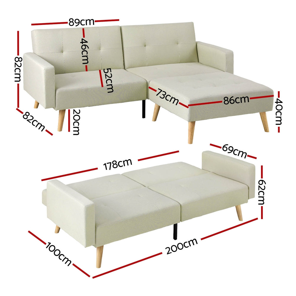 Sofa Bed Ottoman 200CM Beige Faux Linen Fast shipping On sale