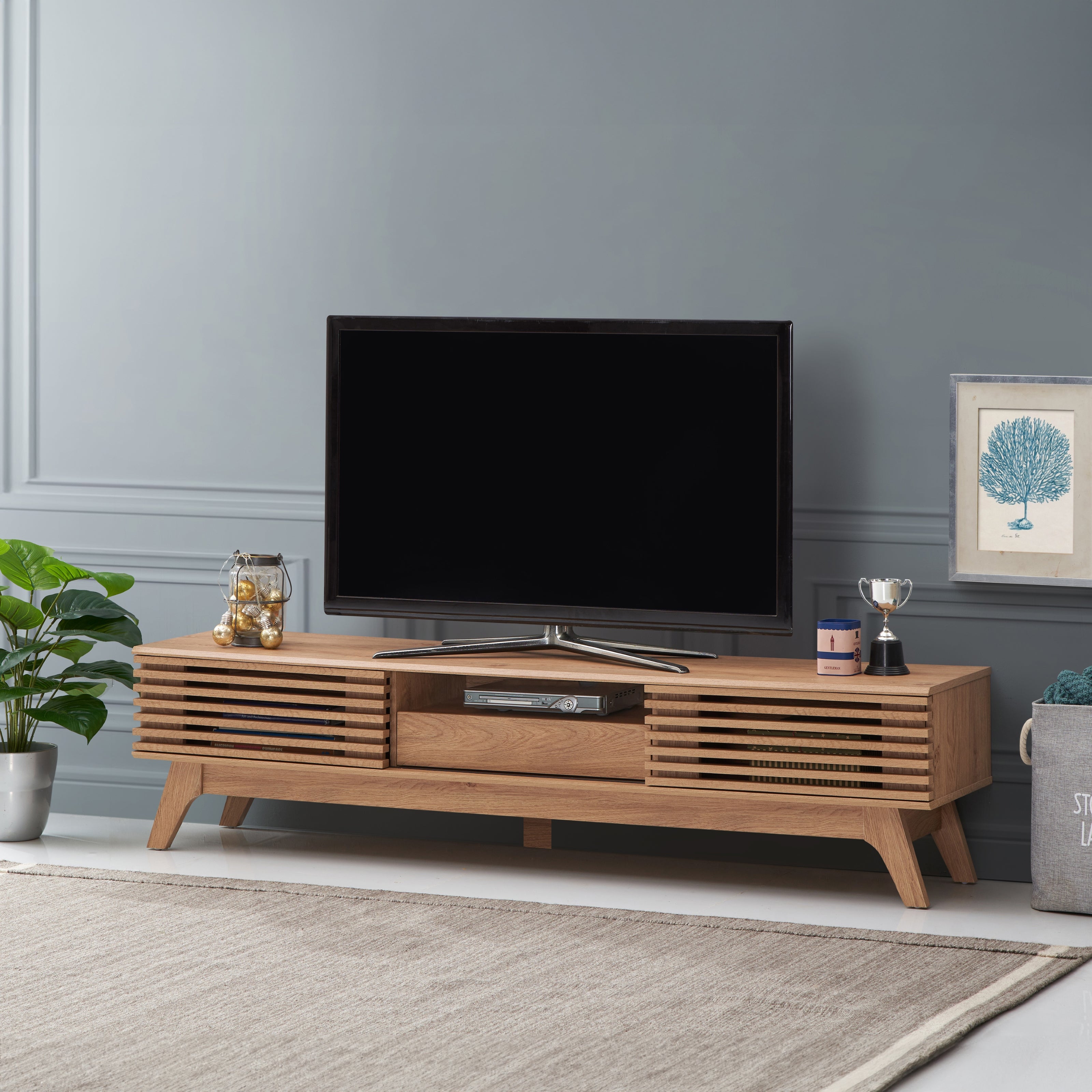 Camille Wooden Entertainment Unit TV Stand 180cm W/ 2-Doors 1-Drawer - Oak Fast shipping On sale