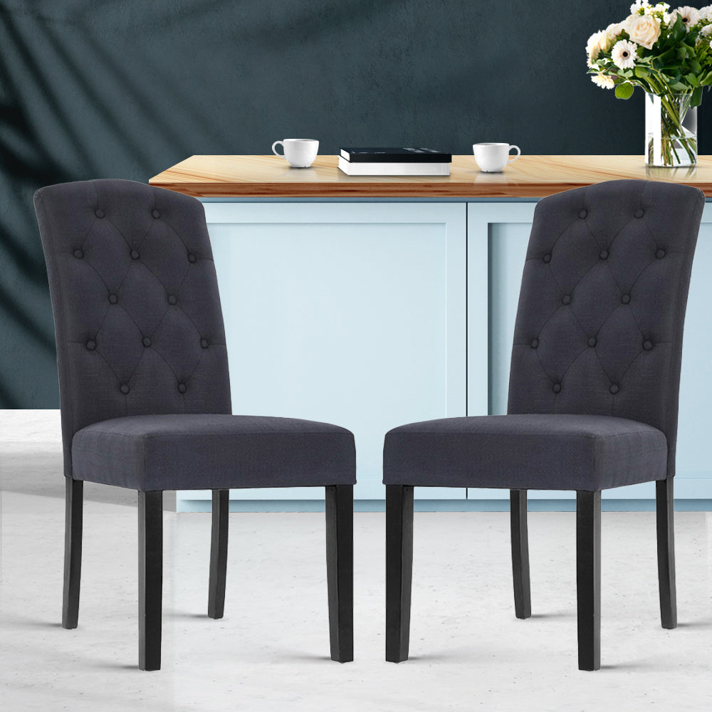 Set of 2 Dining Chairs French Provincial Kitchen Cafe Fabric Padded High Back Pine Wood Grey