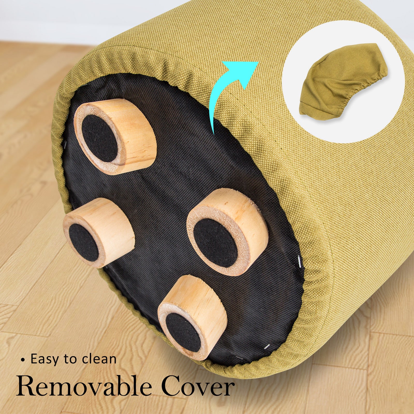 La Bella 2 Set Mustard Yellow Fabric Ottoman Round Wooden Leg Foot Stool