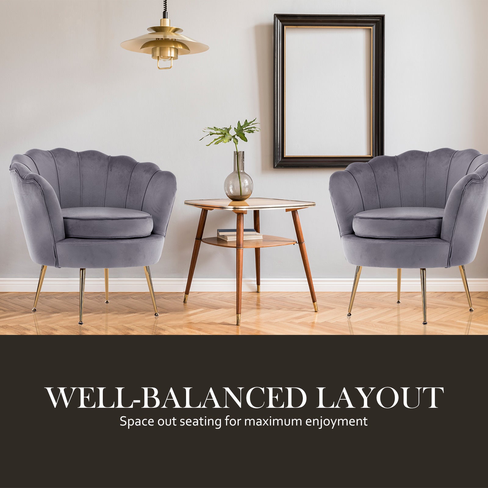 La Bella Shell Scallop Grey Armchair Accent Chair Velvet + Round Ottoman Footstool
