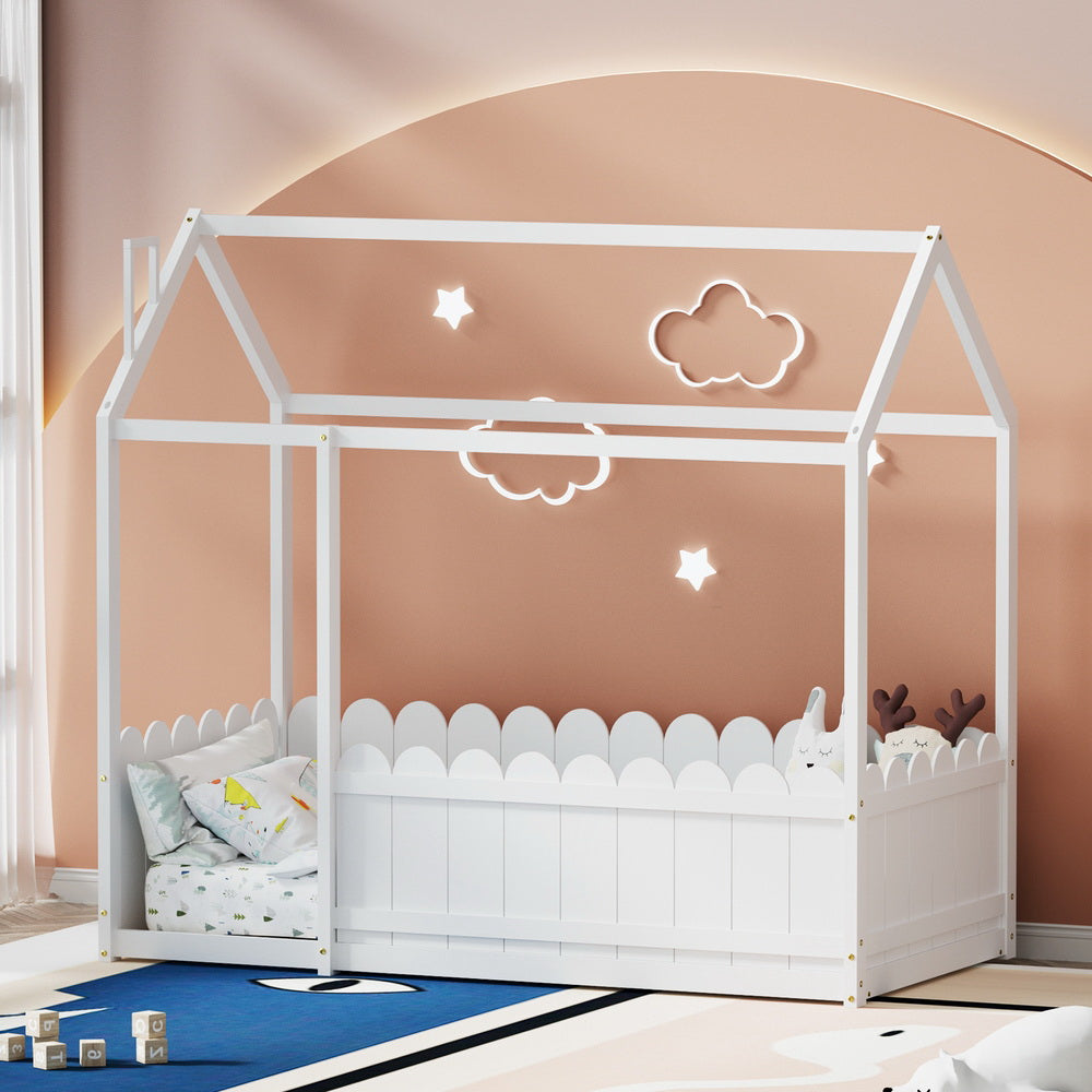 Bed Frame Wooden Kids House Single White KORI Fast shipping On sale