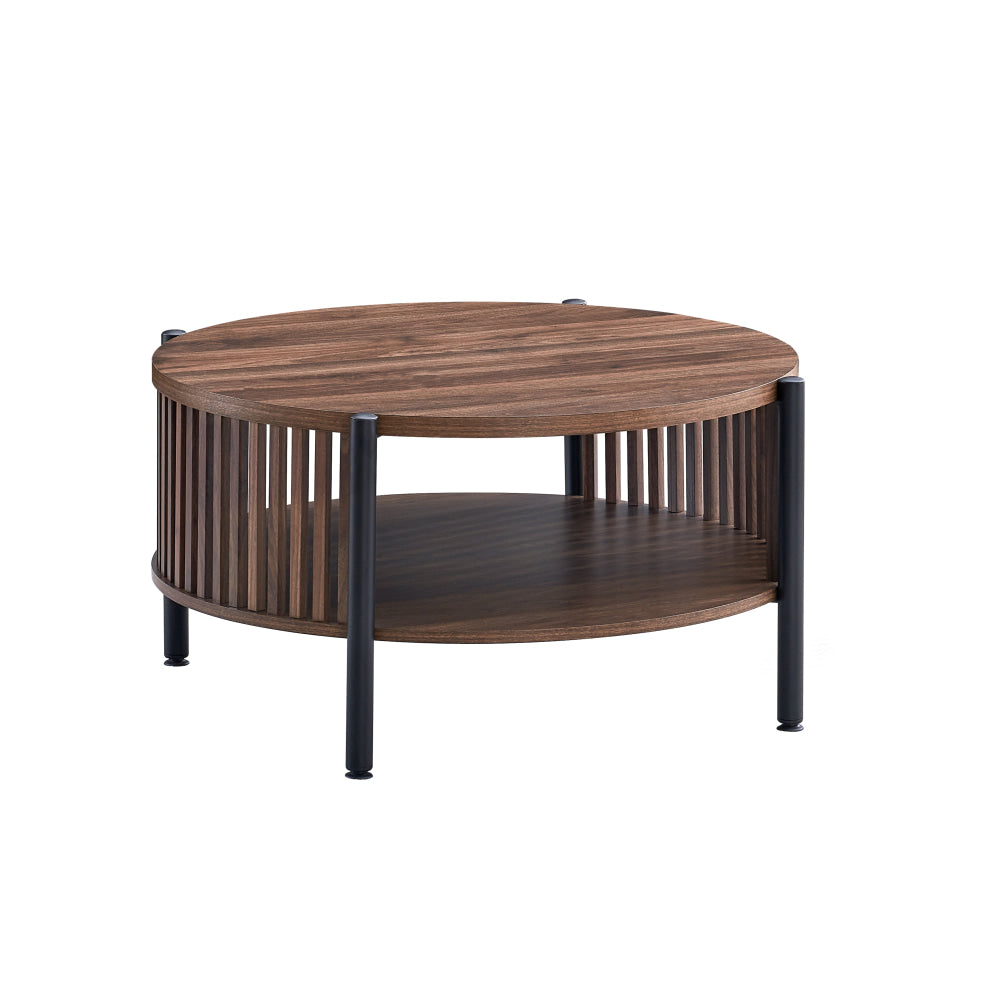 Ailana Wooden Round Open Shelf Coffee Table 80cm Slat Walnut Fast shipping On sale