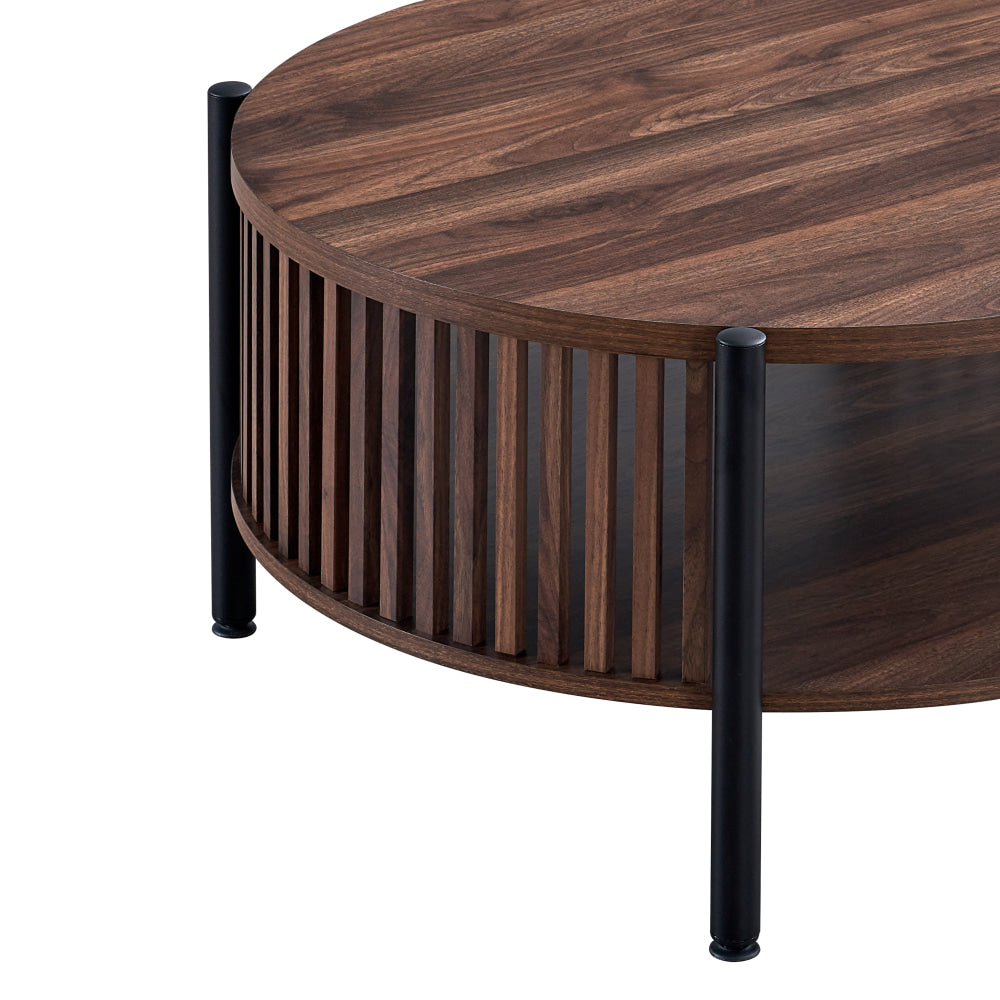 Ailana Wooden Round Open Shelf Coffee Table 80cm Slat Walnut Fast shipping On sale