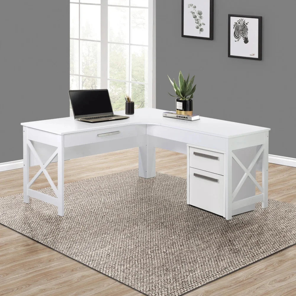 Andy L-Shaped Office Computer Manage Executive Working Desk W/ Mobile Pedestal - Distressed White Fast shipping On sale