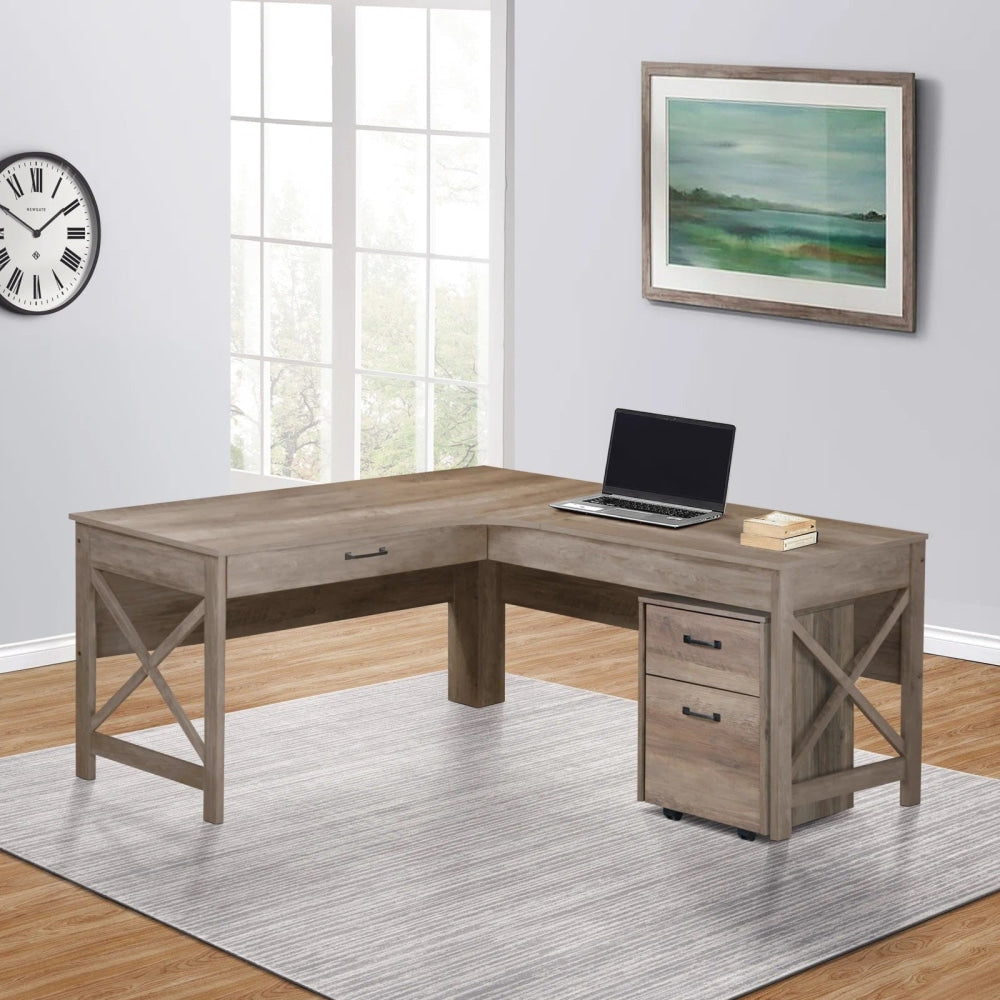 Andy L-Shaped Office Computer Manage Executive Working Desk W/ Mobile Pedestal - Rustic Oak Fast shipping On sale