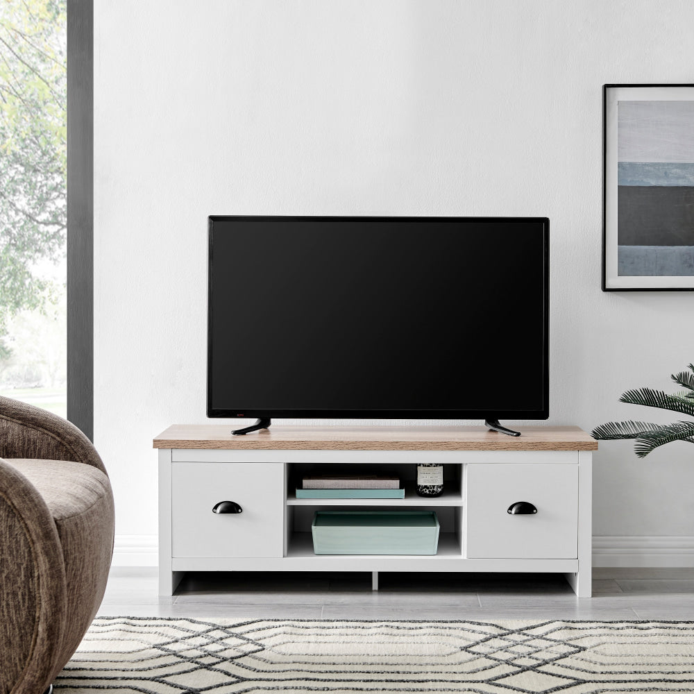 Ari Modern 2-Drawer Small TV Stand Entertainment Unit - Oak & White Fast shipping On sale