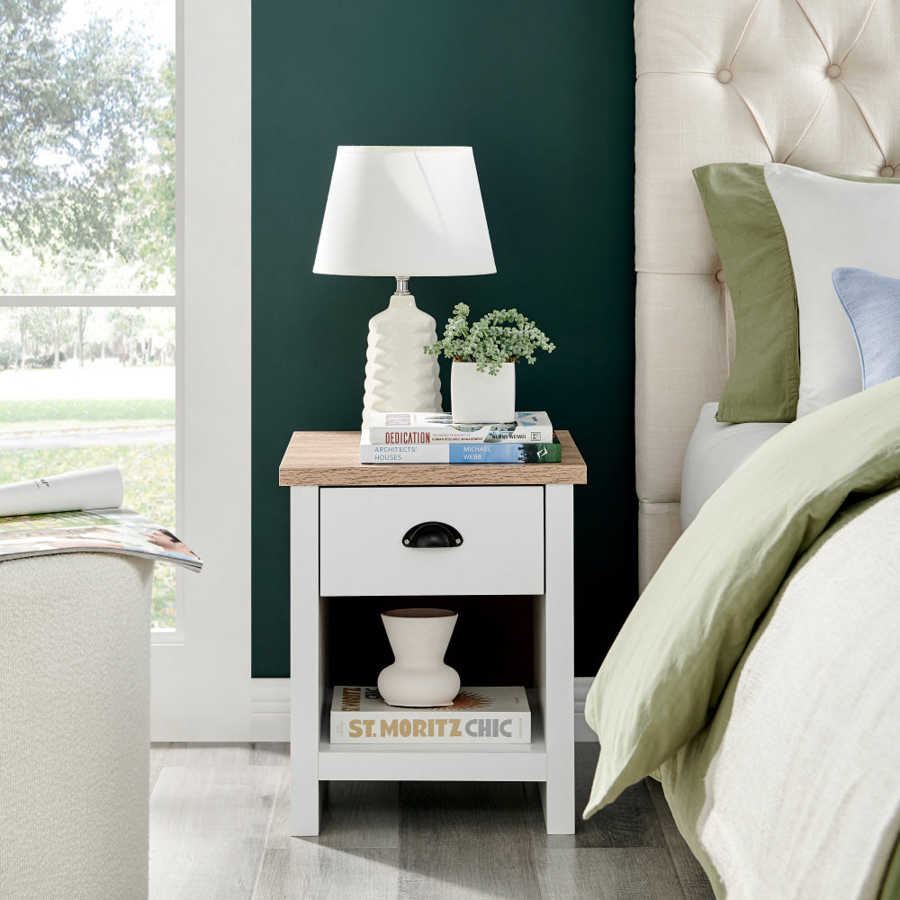 Ari Modern Bedside Nightstand End Lamp Side Table W/ 1-Drawers - Oak & White Fast shipping On sale