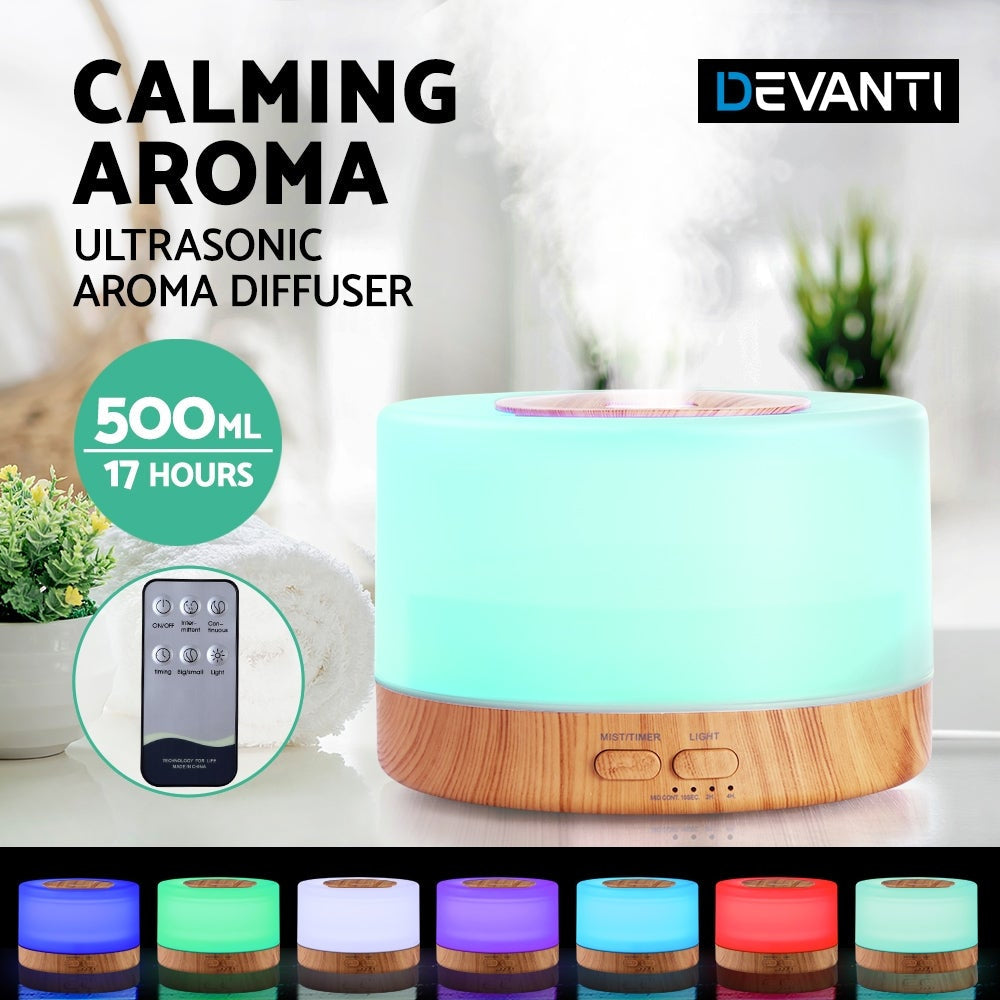 Aroma Diffuser Aromatherapy LED Night Light Air Humidifier Purifier Round Wood Grain 500ml Remote Control Decor Fast shipping On sale