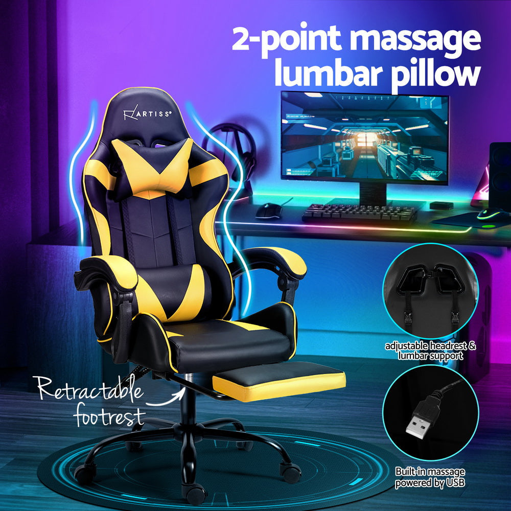 Artiss 2 Point Massage Gaming Office Chair Footrest Yellow Fast shipping On sale