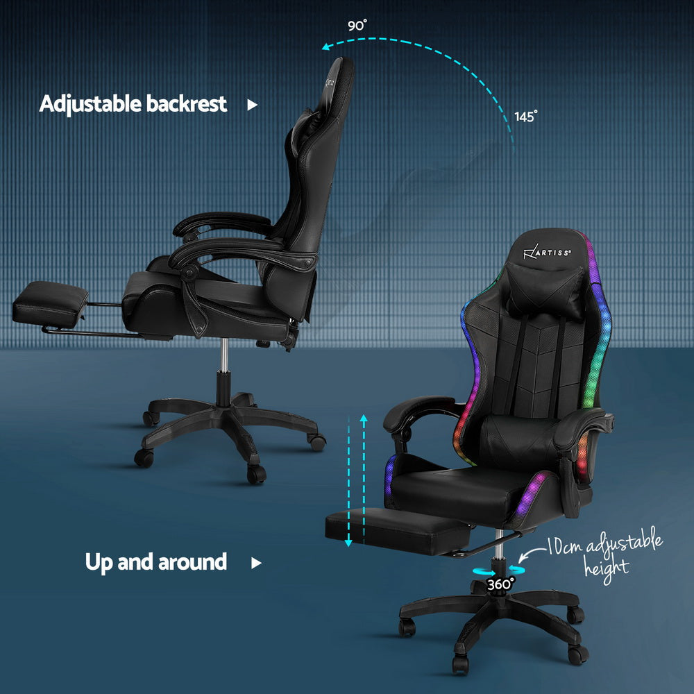 Artiss 6 Point Massage Gaming Office Chair 7 LED Footrest Black Fast shipping On sale