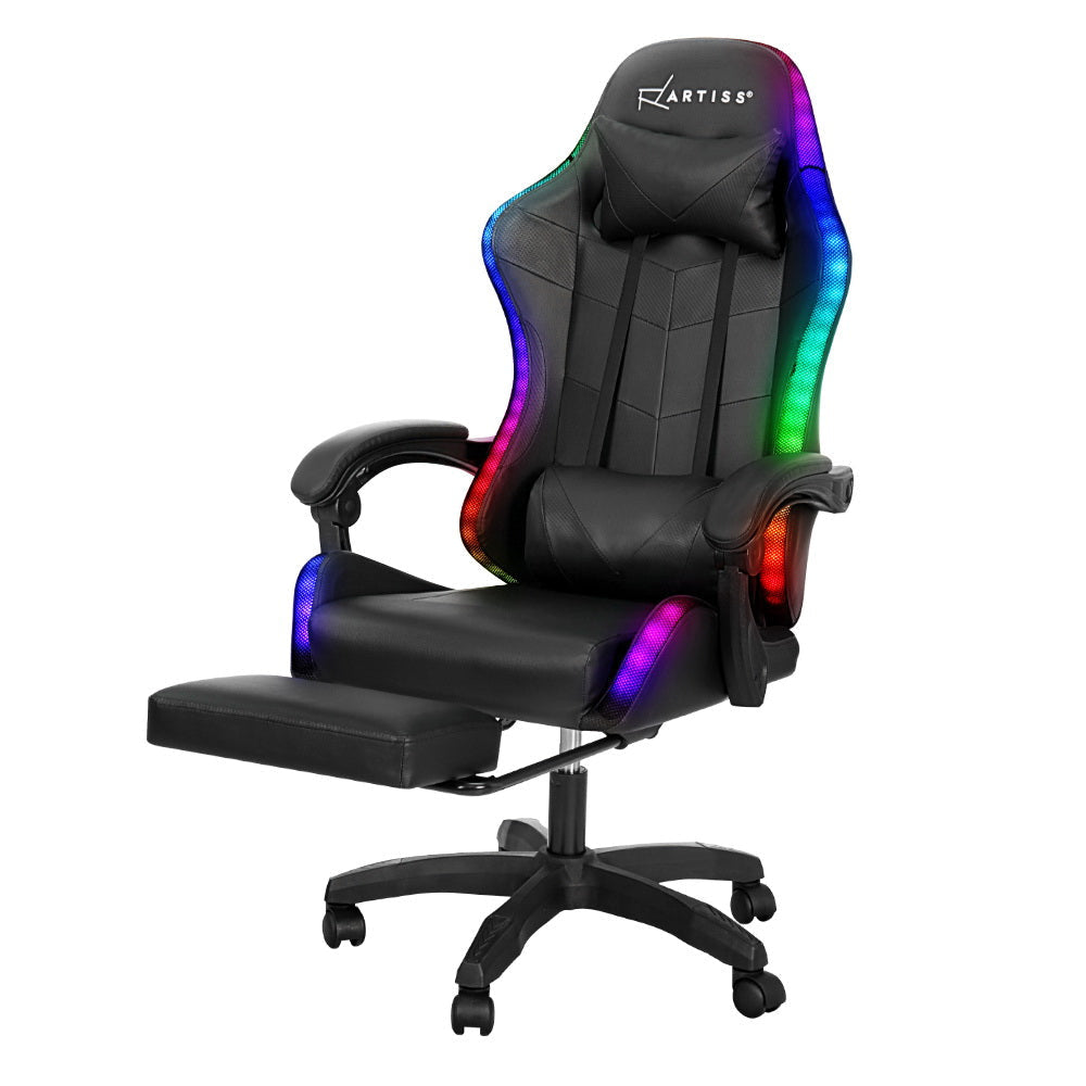 Artiss 6 Point Massage Gaming Office Chair 7 LED Footrest Black Fast shipping On sale