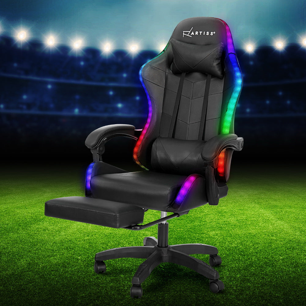 Artiss 6 Point Massage Gaming Office Chair 7 LED Footrest Black Fast shipping On sale