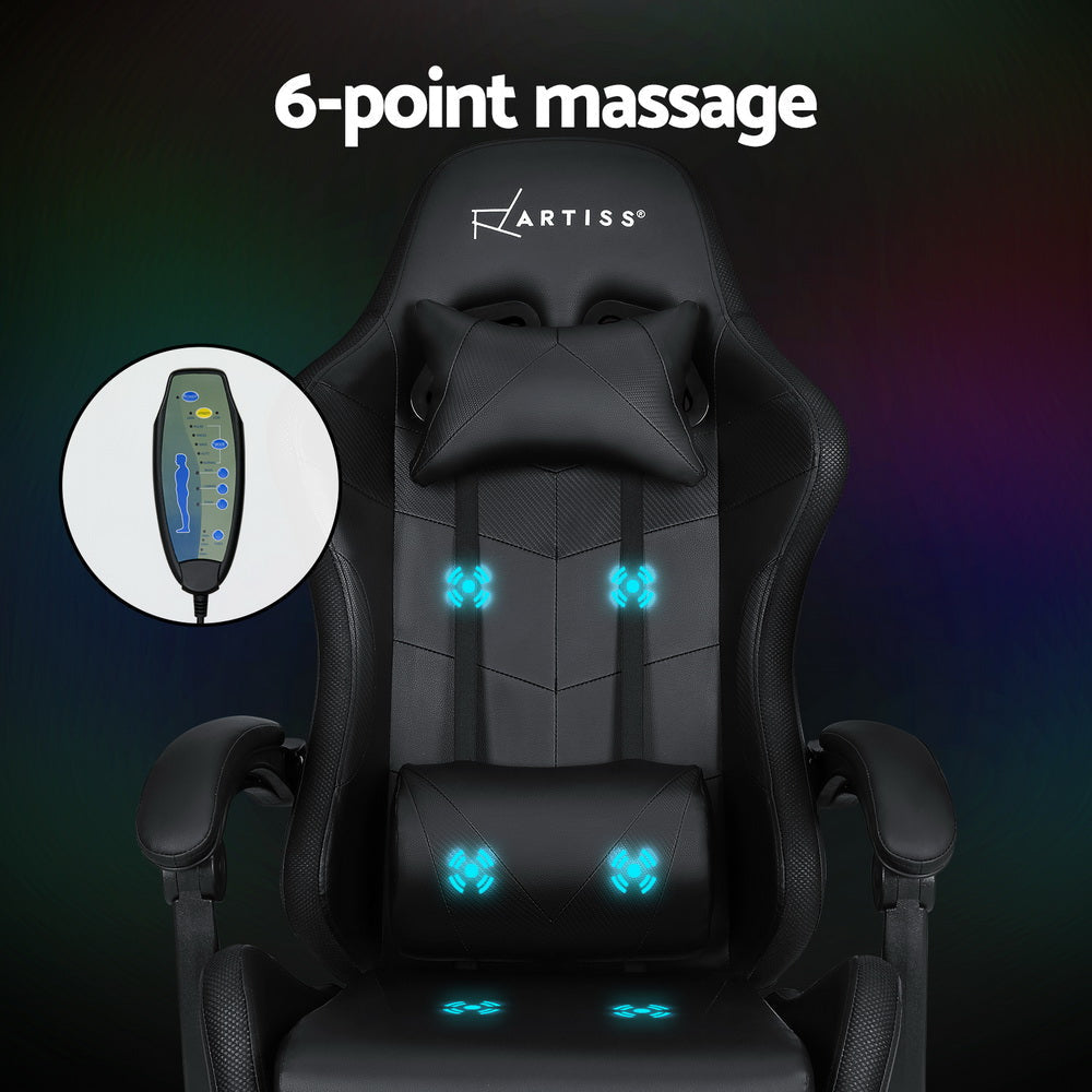 Artiss 6 Point Massage Gaming Office Chair 7 LED Footrest Black Fast shipping On sale