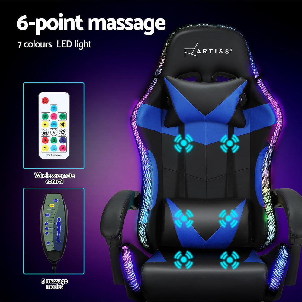 Artiss 6 Point Massage Gaming Office Chair 7 LED Footrest Blue Fast shipping On sale