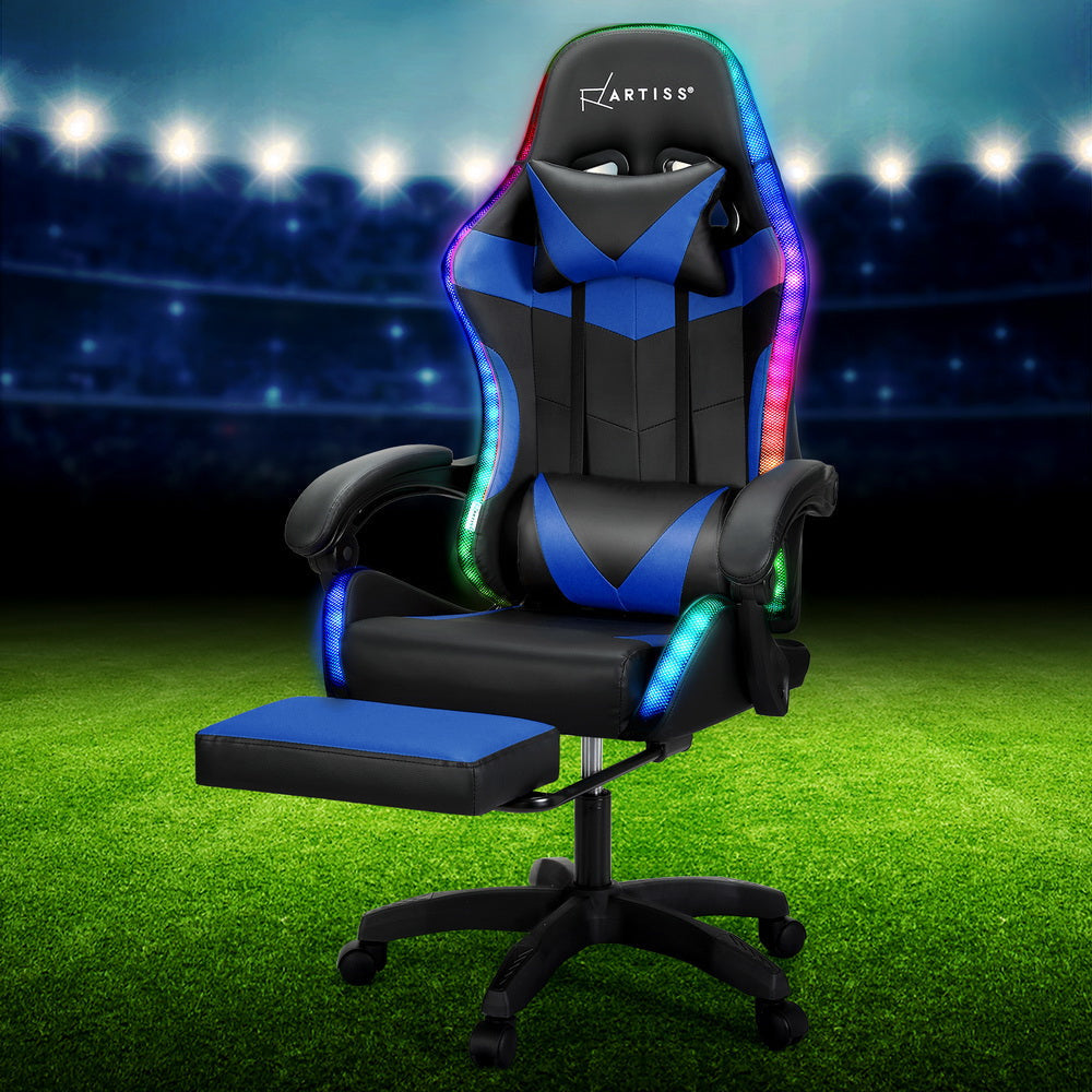 Artiss 6 Point Massage Gaming Office Chair 7 LED Footrest Blue Fast shipping On sale