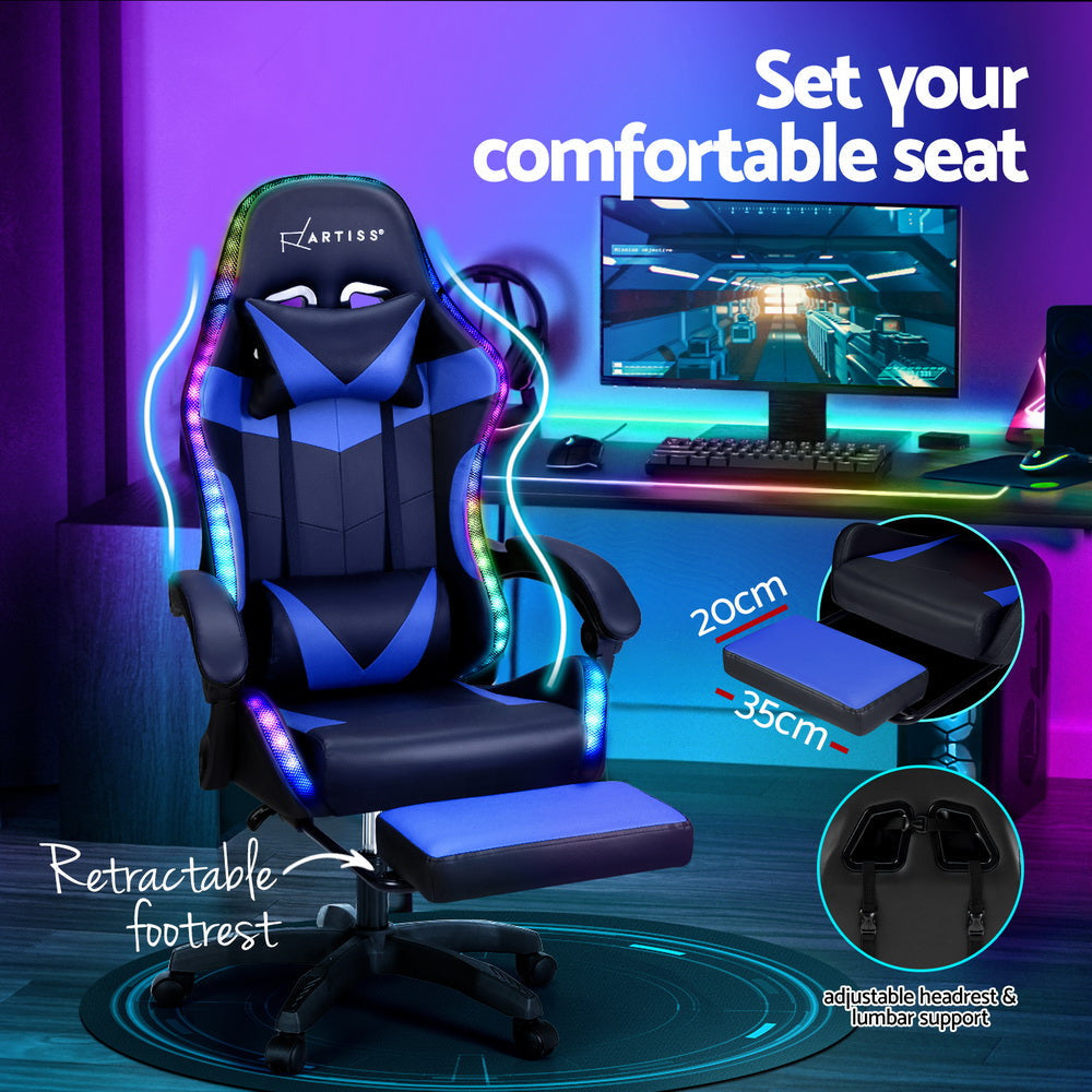 Artiss 6 Point Massage Gaming Office Chair 7 LED Footrest Blue Fast shipping On sale