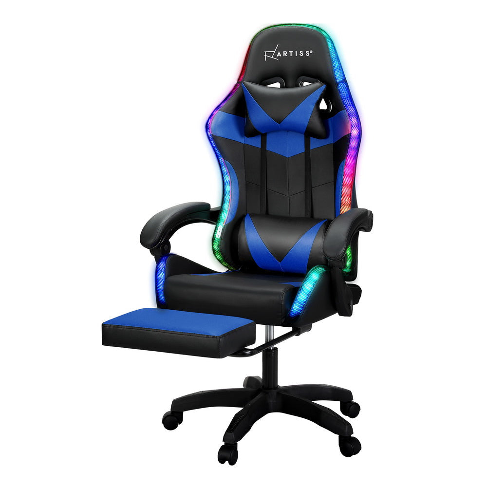 Artiss 6 Point Massage Gaming Office Chair 7 LED Footrest Blue Fast shipping On sale