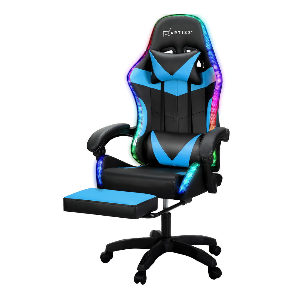 Artiss 6 Point Massage Gaming Office Chair 7 LED Footrest Cyan Blue Fast shipping On sale