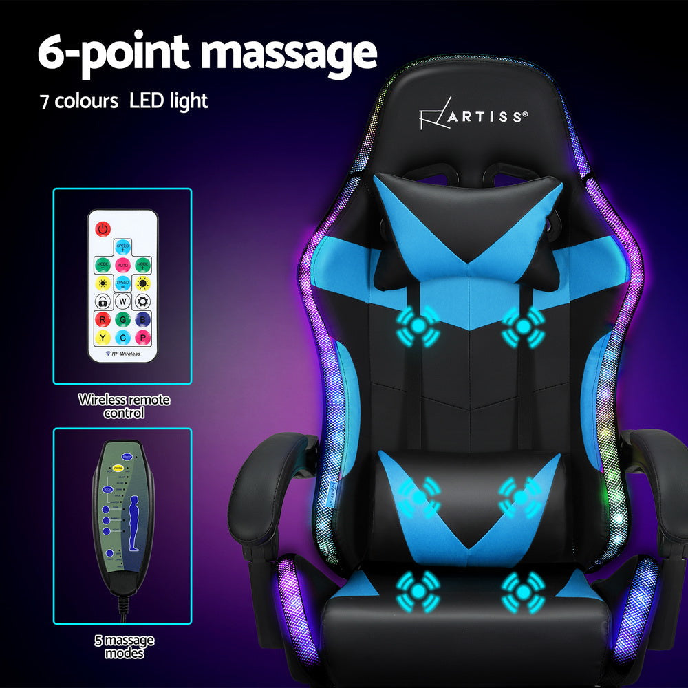 Artiss 6 Point Massage Gaming Office Chair 7 LED Footrest Cyan Blue Fast shipping On sale