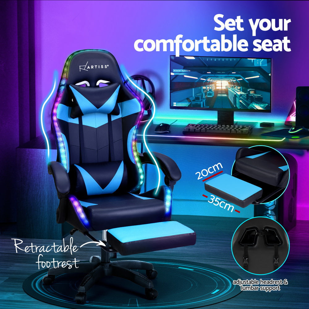 Artiss 6 Point Massage Gaming Office Chair 7 LED Footrest Cyan Blue Fast shipping On sale