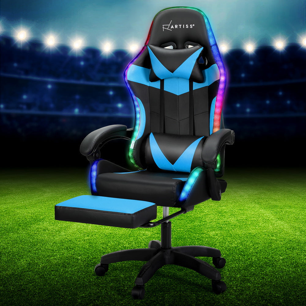 Artiss 6 Point Massage Gaming Office Chair 7 LED Footrest Cyan Blue Fast shipping On sale