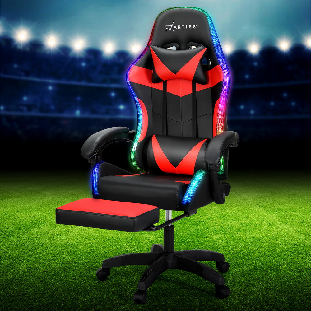 Artiss 6 Point Massage Gaming Office Chair 7 LED Footrest Red Fast shipping On sale