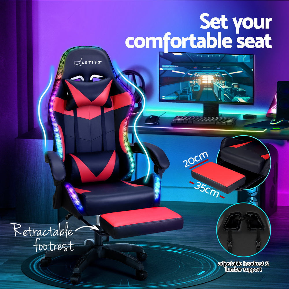 Artiss 6 Point Massage Gaming Office Chair 7 LED Footrest Red Fast shipping On sale