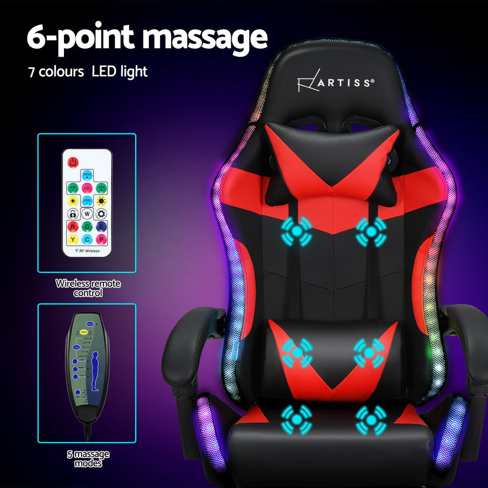 Artiss 6 Point Massage Gaming Office Chair 7 LED Footrest Red Fast shipping On sale