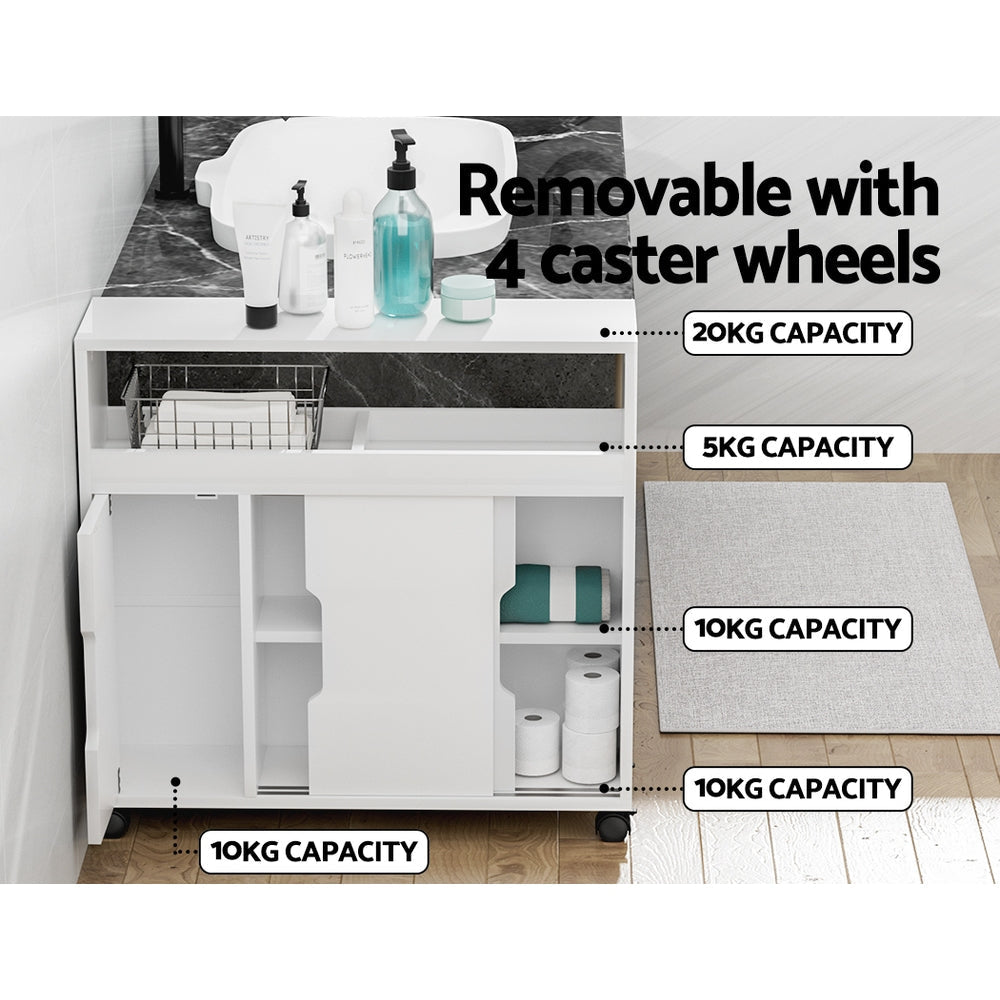 Artiss Bathroom Storage Cabinet Toilet Caddy Shelf 3 Doors With Wheels White Fast shipping On sale